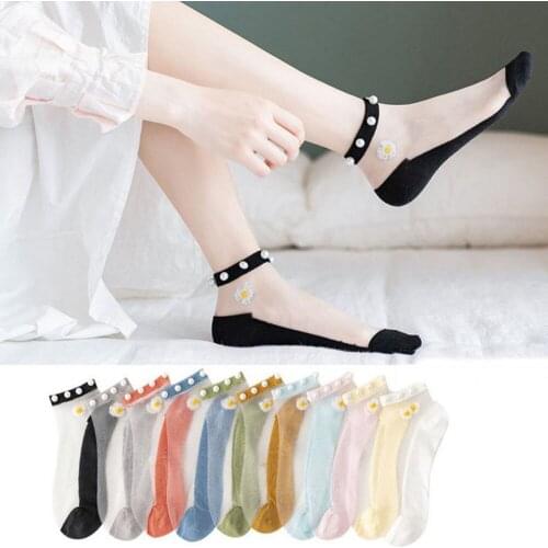 1 Pairs Women Pearl Socks For Summer Ultra-thin Transparent Cass Glass Fiber Silk Socks Fashion Daisy Ankle Short Sexy Lace