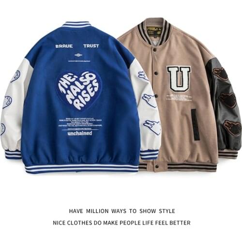 New Arrival Autumn Heart Embroid Letterman Womens Baseball Bomber Varsity Jacket Unisex Mens Bomber Shirt Coat Street Vintage