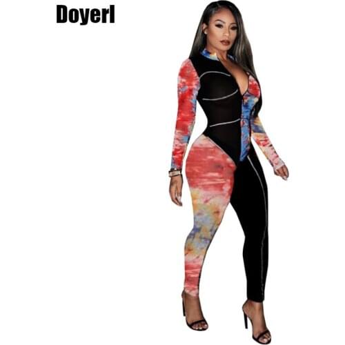 Printed Bodycon Jumpsuit Women Outfit Sexy Bodysuit Long Sleeve Pants Romper Party Jumpsuit Sports One Piece Overalls for Women