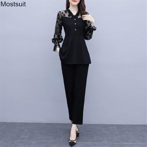 Autumn Elegant Two Piece Set Women Plus Size Ol Spring Tunic Mesh Patchwork Long Sleeve Top And Pants Sets Suit Outfits 2021