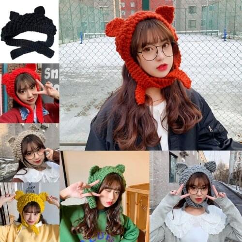 Women Cute Cat Ears Knitted Skullies Beanie Hat Bright Solid Color Chunky Crochet Warm Harajuku Windproof Earflap Cap