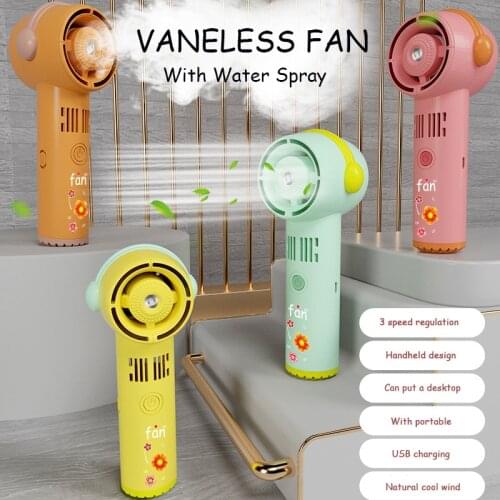 Cute Bladeless Fan Water Spray USB Rechargeable Standing Fan Portable Humidifier Fans Desktop Hand held Ventilador Vaneless New