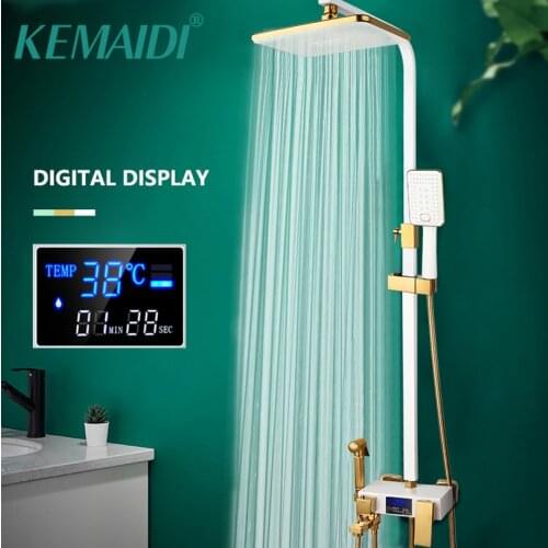 KEMAIDI White Gold Bathroom Thermostatic Shower System Hot Cold Mixer Bath Faucet Square Spray Black LED Digital Shower Set