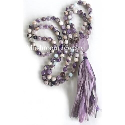 Hand Knotted Agates Beaded Necklace With Hand Made Purple Crystal Nugget Bead Sari Silk Tassel Necklace