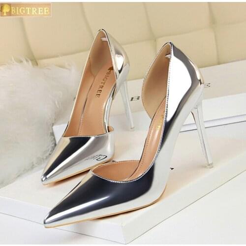 Women Shoes Pointed Toe Pumps PU Side hollow Metal heel 10.5CM thin High Heels Boat Wedding Dress Office Shoes