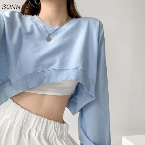 Cropped Hoodies Women Sexy Ladies Long Sleeve O-neck Teens Midriff-baring Pullover Students Baggy Clothing Ulzzang Spring Cozy