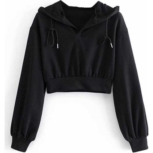Streetwear Women Solid Drawsting Hoodies 2021 Autumn Fashion Ladies Sport Black Short Tops Causal Female Chic Loose Pullovers
