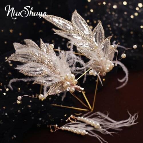 NiuShuya White Yarn Feather Hair Clips Wedding Bride Hair Jewelry Pearl Rhinestone Golden Hairpins Feather Hairgrip Accessories