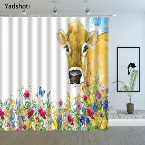 Cow Animal Shower Curtain Fall Flower Plant Butterfly Farm Scenery Watercolor Bathroom Decor Polyester Cloth Hanging Curtain Set