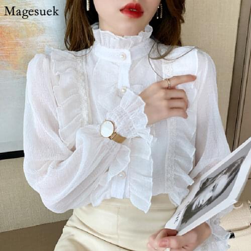 Woman Chic Long Sleeve Stand Collar Blouses Women Casual Loose White Tops Korean Lace Ruffles Elegant Chiffon Shirt Blusas 13433