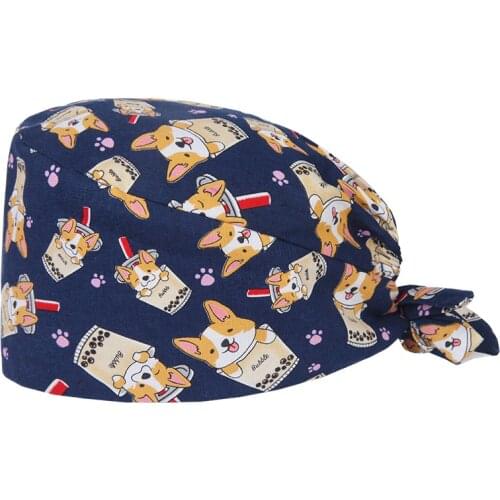 Women and mens print scrubs caps Skull Caps Cotton Tie Back Straps Elastic lab work cap