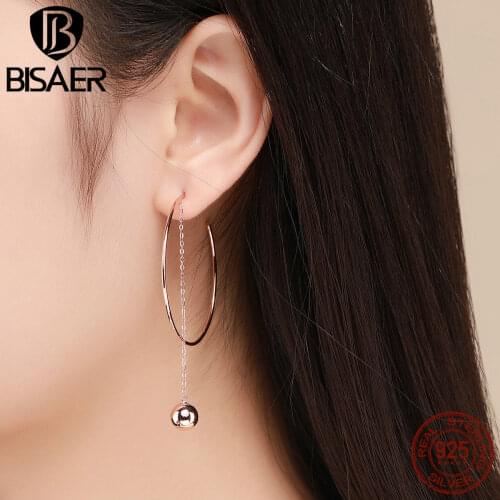 BISAER Hyperbole 925 Sterling Silver Big Round Circle Rose Gold Color Simple Line Drop Earrings Women 925 Silver Jewelry ECE569