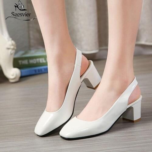 Sgesvier 2020 Women Sandals Concise Square Toe Fashion Square High Heel PU Leather Slingback Shallow Summer Ladies Shoes Size 45