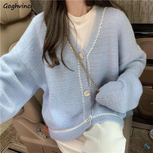 Women Cardigans Autumn Knitted V-neck Sweet Drop-shoulder Girls Student Preppy Style Outwear Loose Sweaters Ladies Korean Casual