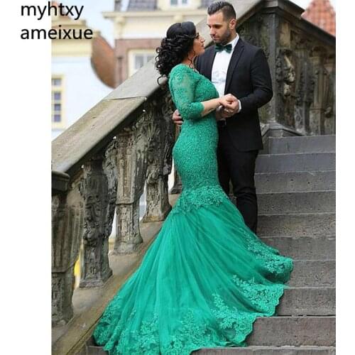 2019 New Arrival Christmas V-neck Sweep Train Long Sleeve Mermaid Three Quarter Floor-length Tulle Natural Regular S Plus Size