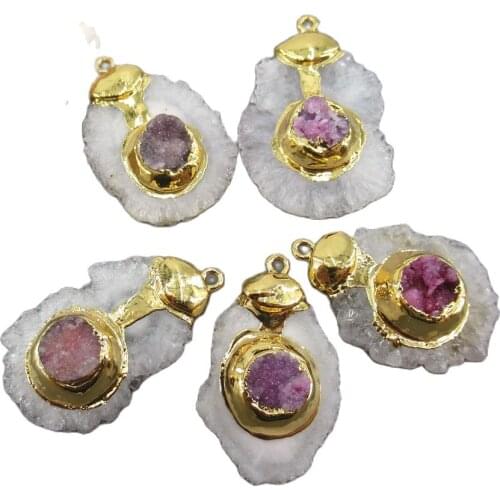 APDGG 5PC Natural White Purple Quartz Crystal Freedom Gold Plated Connector Pendant For Necklace Pendant Jewelry DIY