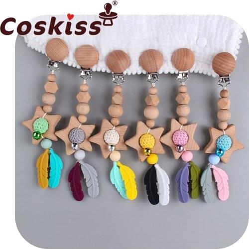 Coskiss Baby Toy Wooden Baby Feather Pram Plush Bead Pacifier Chain Chewable Rattle Baby Teether Necklace Teething Bead