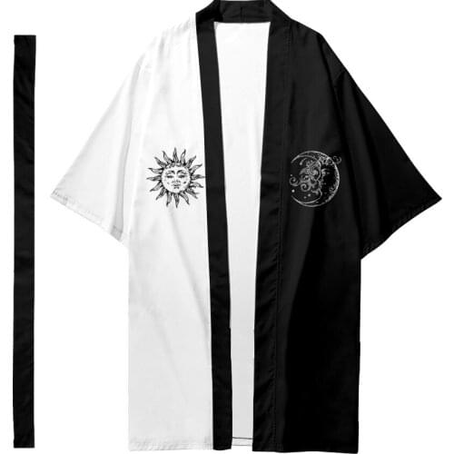 Black White Sun Moon Printed Long Kimono Cardigan With Belt Japanese Traditional Couple Women Men Casual Asian Clothes Harajuku