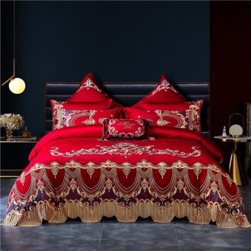 Luxury 4/6/9Pcs Chinese Wedding Satin Egyptian Cotton Golden Embroidery Bedding Set Quilt Cover Quilted Bedspread Or Bed Linen