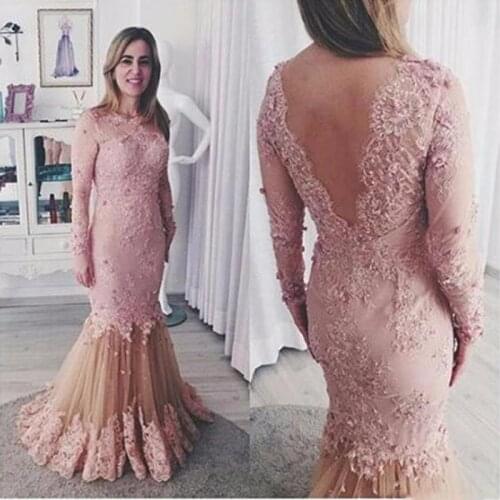 O-Neck Long Sleeves Lace Appliques Formal Evening Dresses Beaded V-Shape Back Elegant Natural Waistline Prom Party Gowns For Lad