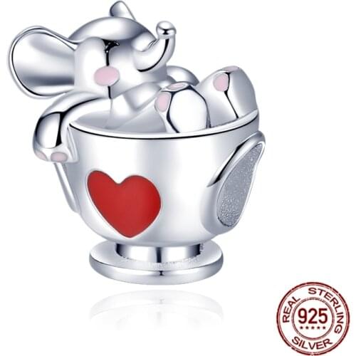 HOT SALE 925 Sterling Silver Cute Elephant With Teacup Dangle Charm Beads Fit Original Pandora Bracelet Pendant Necklace Jewelry