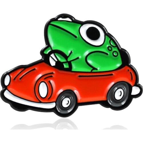 Cartoon Small Red Car Frog Driver Enamel Pin Brooch Backpack Clothes Lapel Funny Animal Frog Jewelry Gift for Friends Children