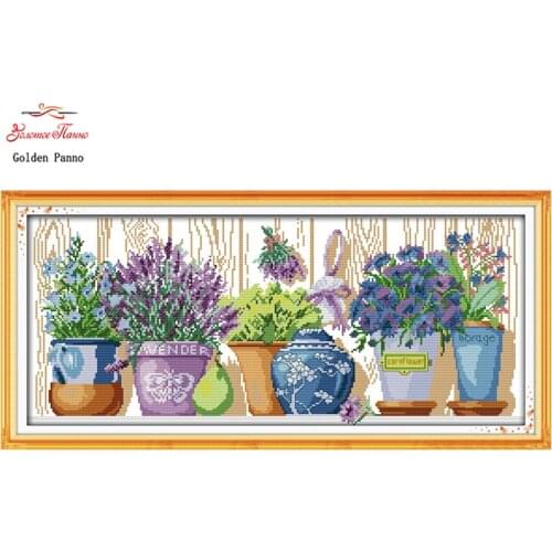 Golden Panno,pottings colourful flowers painting counted printed on canvas DMC 11CT 14CT Chinese Cross Stitch kits embroidery 22