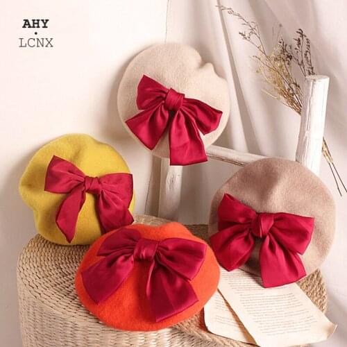 2021 Fashion New Princess Kids Girls Caps Berets Lovely Pearl Beanies Big bow Hats Spring Autumn Winter Toddler Girls Hats
