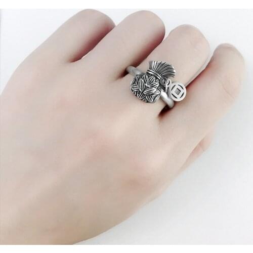BOCAI New solid s925 pure silver lotus bag female ring retro matte tassel ring female Thai silver ring for woman