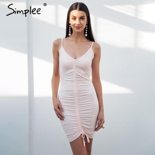 Simplee Backless sexy bodycon dress women Strap v neck ruched short dress female Casual elastic skinny white summer dress 2018