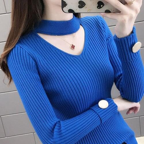 New 2021 V Neck Sexy Sweater Women Hollow Out Button Long Sleeve Rib Knitted 6 Colors Pullover Sweaters Slim Ladies Jumper Tops