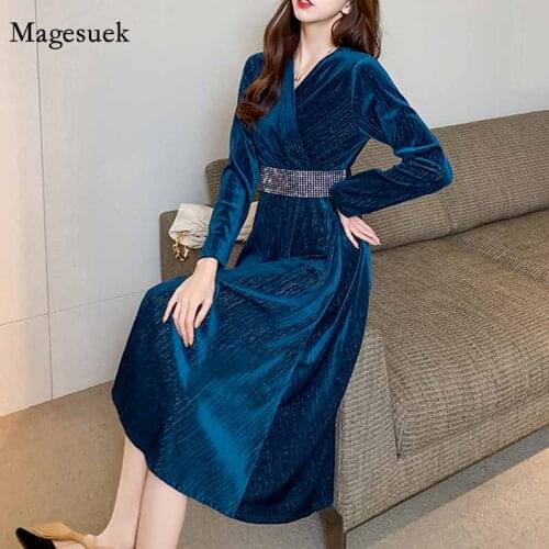 V-neck Diamond French Style Party Dresses for Women Elegant 2020 Autumn Winter Velvet Gentle High Waist Slim Long Dress 12555
