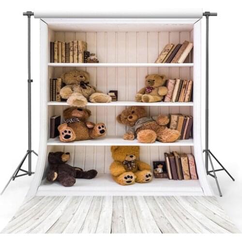 Bookshelf Vinyl Photography Background for Teddy Bear Toys Baby Wood Floor New Fabric Polyester Backdrop for Family Photo Studio