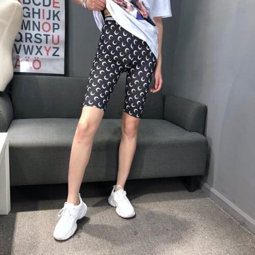 Short Stretch Skinny Leggings Women Summer Knee-Length Fashion Crescent Pattern Casual High Waist Jeggings Pink Black White