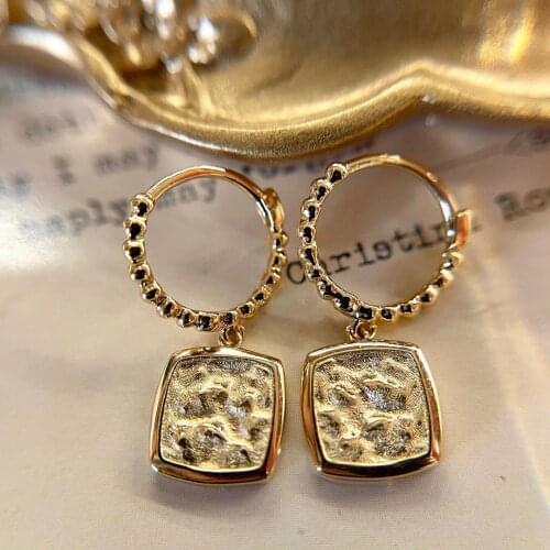 18K Solid Yellow Real Gold Jewelry (AU750) Women Designe Ins Simple Retro Geometric Bronzing Earrings Street Long Senior Earring