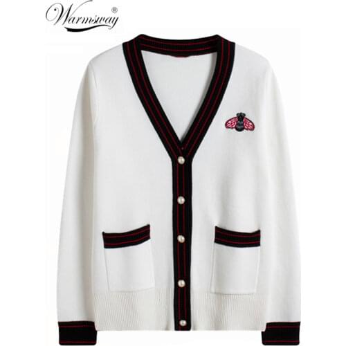 Womens Spring Autumn Fashion Designer Bee Embroidery Cardigan Single Breasted Contrast Color Button Knitted Sweaters C-204