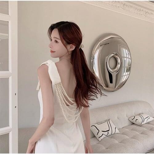 2021 Summer New Style Ladies Designed Temperament Open Back Pearl Chain French Slim Dress High Quality Ladies Sexy Dresses