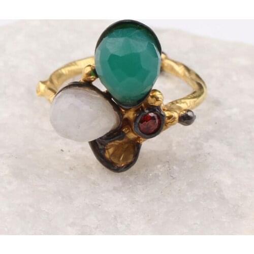Green and White Zircon Gold Plated Womens Silver Ring, Woman 925 Silver Zircon Handmade Ring, Colorful Oval Zircon Ring