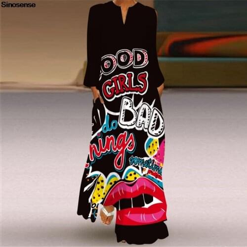 Sexy V Neck Womens Spring Autum Dress Vintage Letter Mouth Print Long Sleeve Long Wedding Party Dress Elegant Plus Size Clothes