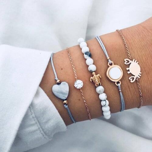 5Pcs/Set Simple Personality Rope Chain Bracelet Alloy Small Turtle Crab Love Heart Bracelets Charm Hand Accessories for Women