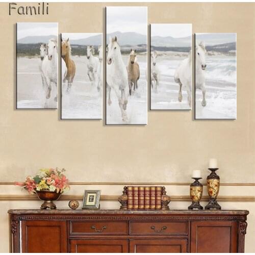 5Pcs/Set Luxury white 5pcs Animal pair Noble horses house ornaments Canvas Painting wall pictures home decor wedding decoration