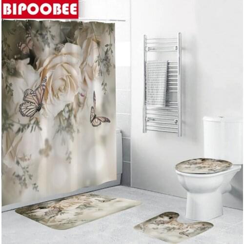 European Style Butterfly Rose Bathroom Shower Curtain Pedestal Bath Mat Rug Toilet Lid Cover Non Slip Carpet Modern Bath Curtain