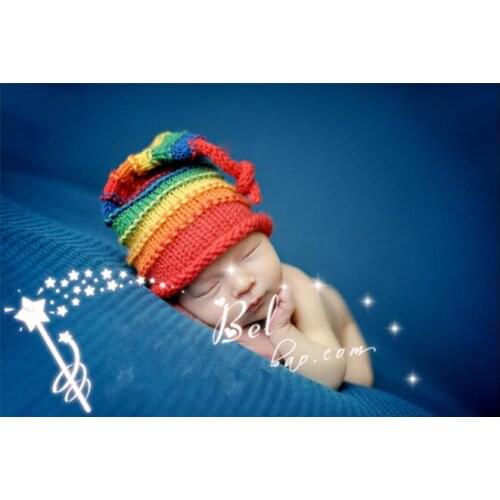 Free shipping, New Crochet Baby Pixie Elf Hat & flowers Caps Christmas Long Tail hat , Newborn Baby Photo props size:0-1m,3-4m