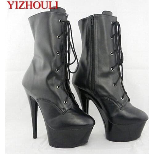 Black lure short boots, 15cm ultra high heel winter boots, banquet black nightclub ultra high heel Dance Shoes
