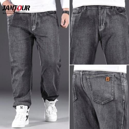 Jantour 2021 Classic Style Men Brand Jeans Business Casual Loose Denim Wide Leg Pants Gray Trousers Male Oversized Size 40 42 44