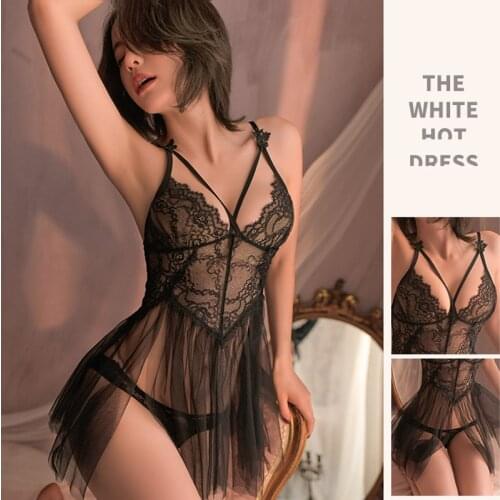Exotic Womens Erotic Lingerie Dream Princess Nightdress Deep V Lace Embroidery Suspender Skirt Kawaii Tulle See-through Pajamas