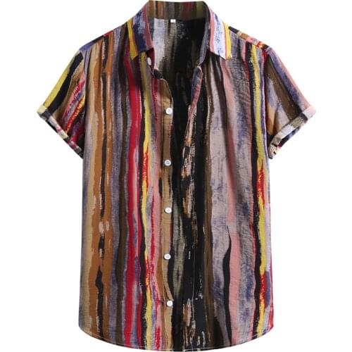 Summer Shirts Clothes Beach Shirts Men Short Sleeve Button Hawaiian Shirts For Men Cotton Linen Striped Print Short Sleeves