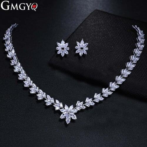GMGYQ Simple Fashion Wedding Jewelry Necklace Earrings Silver AAA Olive Flower Zircon Set for Women