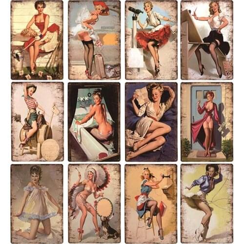 Hot Pin Up Girls Tin Signs Retro Poster Metal Plaque Sexy Woman Art Wall Decorative Plate Vintage Home Decor 20X30CM