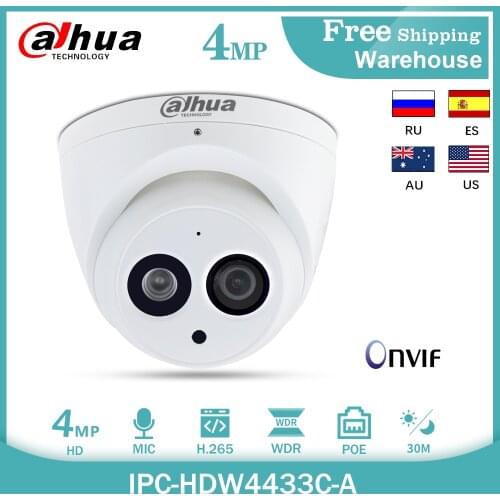 Dahua IP CameraIPC-HDW4433C-A 4MP POE H265 IP67 WDR Onvif Mini Dome CCTV Built-in MIC IR 30m Metal Case Outdoor Video Camera
